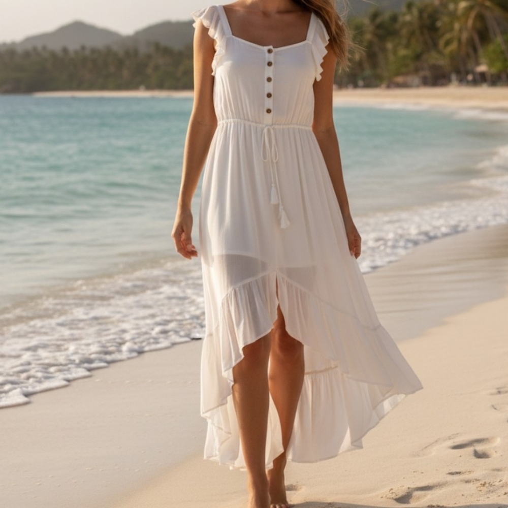 White Ruffle Button-Down Dress